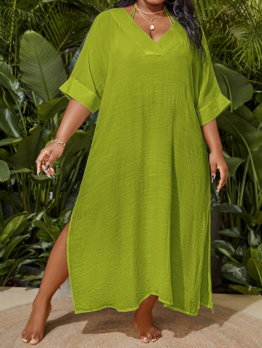Slaydiva Plus Size Women Solid V-Neck Batwing Sleeve Loose Coverup Dress, Resort Wear For Summer Beach Vacation