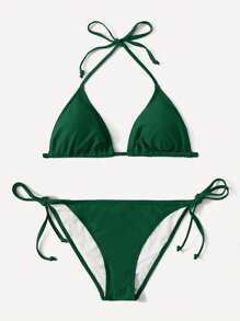 SHEIN Swim Women's Green Bikini Set, Triangle Cup Halter Neck Beach Swimsuit, Spring/Summer Resort - Green - View 1