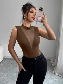 Chiquease New European & American Fashion Round Neck Stylish Mesh Patchwork Sleeveless Bodysuit For Women, Random Floral Print
