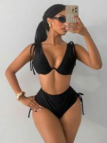 Swim SXY 2pcs Women Knitted Solid Color Black Thick Strap Push Up Bikini Top And High Waisted Drawstring Swimwear Bottom
