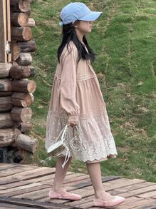 DAZY Tween Girls Mid-Long A-Line Lace Patchwork Solid Color Princess Round Neck Long Sleeve Tween Girl Dress Vacation - Pink - View 5