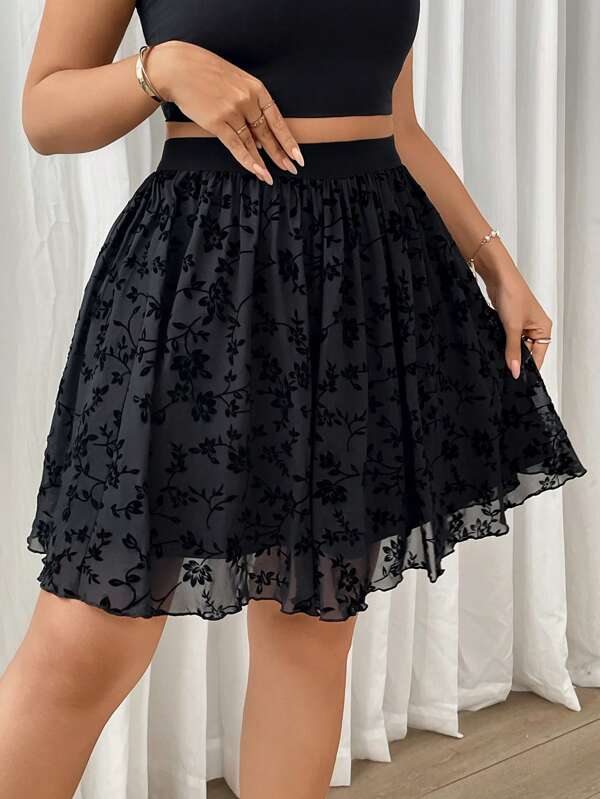 SHEIN Privé Plus Size Elastic Waist Floral Print Flared Mini Skirt, Comfortable Casual Elegant Holiday Beach Wear, Stretchy Fabric, Suitable For Commuting,Spring/Summer