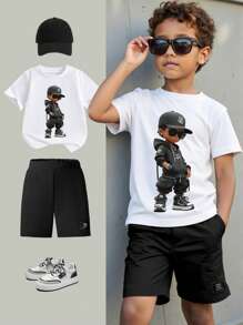 SHEIN 2pcs/Set Young Boy Casual Minimalist Pattern Fitted Casual Pants + T-Shirt Set, Suitable For Summer Summer Holiday