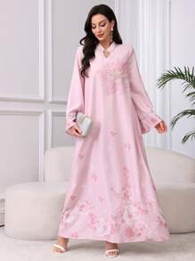 Al Najma V-Neck Splice Silver Trim Ribbon Embellished Beaded Floral Arabic Dress,Modest - Pink - View 7