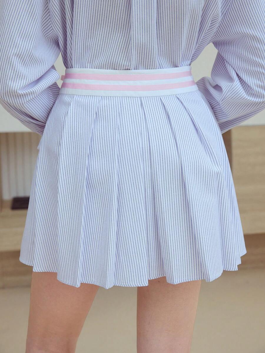 MOTF STUDIO Gestreifte Plisseerock-Shorts - Blau - Übersicht 2