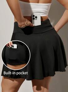 SHEIN Privé Plus Size Women's Pocket Ruffle Mini Skirt/Shorts, Running Wear KO RT, Black Culottes; Slim Short Mini Umbrella Hem High Elastic Yoga Pants; Simple Bottoms For Graduation Season; Sports Bottoms; Versatile Black Bottoms Women Skirts Women Skort Skorts For Women Women Skort Skorts For Women Plus - Black - View 3