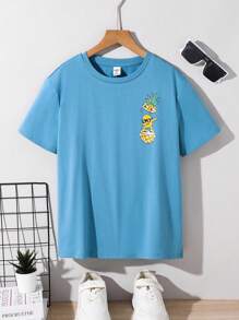 SHEIN Tween Boy 休闲舒适菠萝印花圆领短袖 T 恤