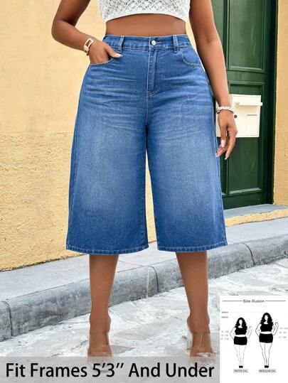 SHEIN PETITE CURVE Pantalones anchos de mezclilla azul de talla grande para mujer, para verano, vacaciones, Pascua, primavera, estilo occidental, oficina, rave, baby shower, cottagecore, estilo country, estilo old money, salir, festival, rodeo, aeropuerto