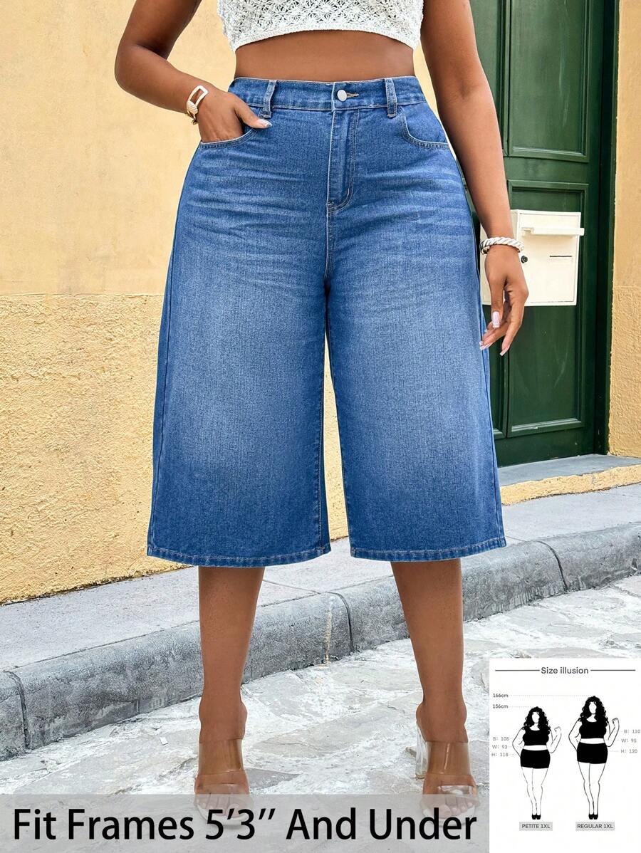 SHEIN PETITE CURVE Quần jean ống rộng lửng 3/4 màu xanh dương cỡ lớn dành cho nữ, thích hợp cho mùa hè, kỳ nghỉ, lễ Phục sinh, mùa xuân, phong cách miền Tây, công sở, tiệc tùng, tiệc mừng em bé, phong cách đồng quê, phong cách quý tộc cổ điển, đi chơi, lễ hội, rodeo, sân bay.
