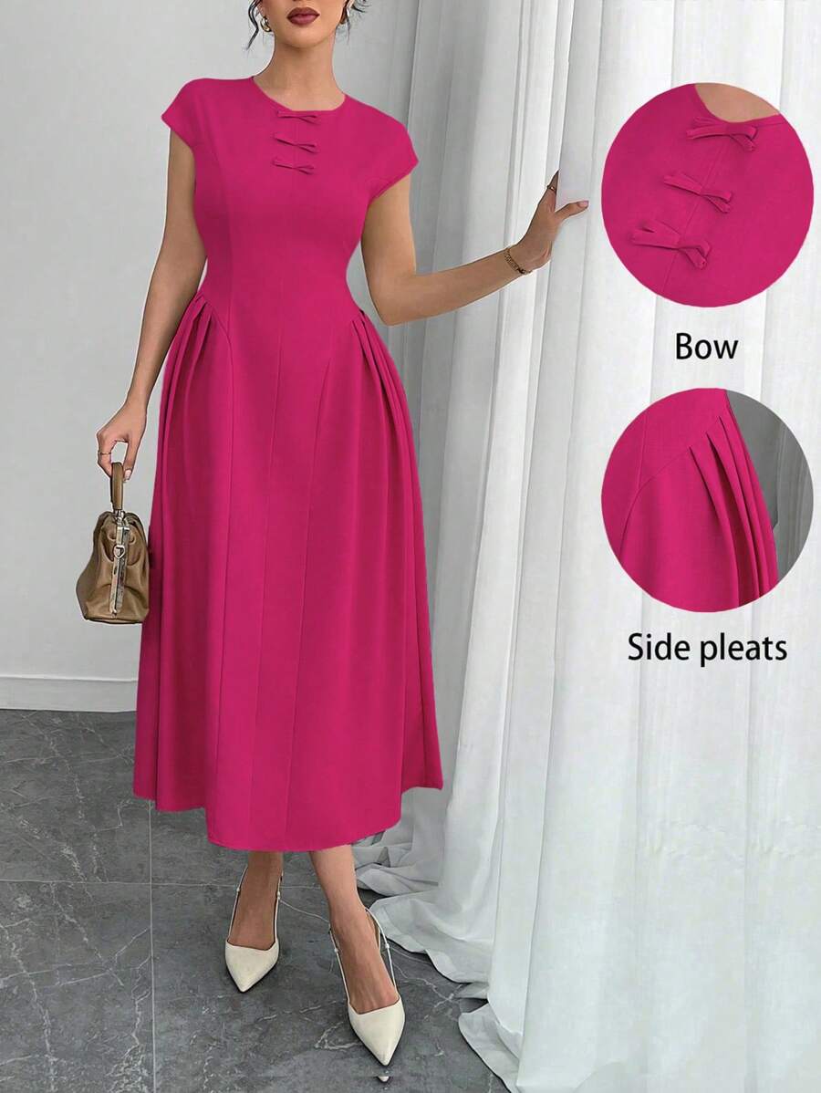 Chiquease Đầm nữ tay ngắn trang trí nơ màu trơn thanh lịch - Màu Hồng Tươi - Xem 1