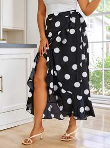 KURAYIA Plus Size Women Polka Dot Print Ruffle Trim Wrapped Hem Skirt - Black - View 5