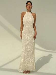 Aloruh Váy ren cổ điển gợi cảm hở lưng jacquard xẻ cao đa năng, váy dự tiệc & dạ hội, màu đỏ rượu vang - trắng - Xem 5