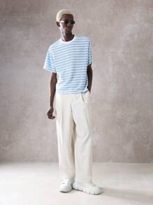 SUMWON 罗纹条纹夏季T恤休闲圆领短袖街头经典轻薄透气针织上衣都市时尚必备 - 藍白色 - 查看 6