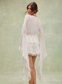 L'Amorae Sheer Maxi Sleeve Ruffle Detail Peplum Waist Top - Beige - View 2