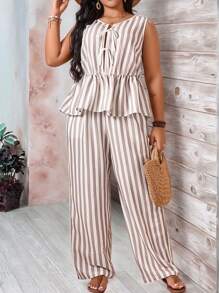 EMERY ROSE 2pcs Plus Size Women Casual Striped V-Neck Front Tie Sleeveless Shirt And Pants Set - Khaki - View 8