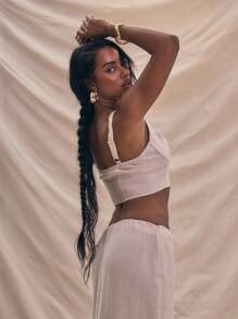 MUSERA 编织亚麻钩眼贴合方领无袖短款吊带背心