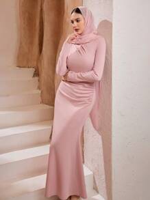 Graceveil Plus Size Muslim Dress With Headscarf, Ruched Figure-Flattering - Pink - View 4