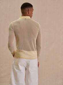 Musero Long Sleeve Fitted Button Up Collared Sheer Polo Style Seam Detail Top Spring Summer Essentials - Apricot - View 3