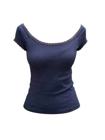 INAWLY Women's Casual Solid Color Scoop Neck Contrast Lace Short Sleeve Slim Fit T-Shirt, Summer