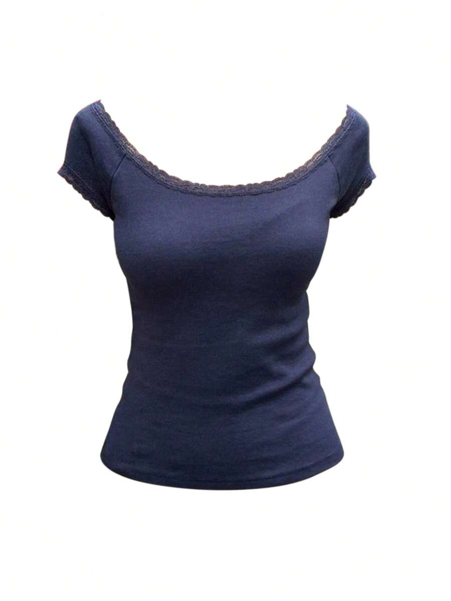 INAWLY 女士休闲纯色圆领撞色蕾丝短袖修身 T 恤，夏季