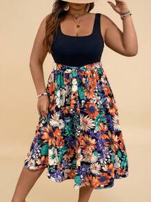 SHEIN VCAY Vestido informal de verano de talla grande estilo boho con estampado floral patchwork y sin mangas