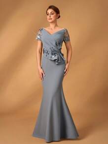 Serin Mùa hè thanh lịch lộng lẫy lãng mạn màu xám đậm sequin thêu khâu co giãn dệt kim trễ vai tay ngắn sequin sang trọng thiết kế đính kết viền đuôi cá mỏng khâu bèo nhún không đối xứng thích hợp cho tiệc tối tiệc độc thân khiêu vũ ngày lễ đám cưới sự kiện tiệc tối váy cô dâu mẹ - Xám - Xem 4