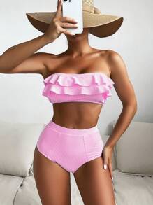 Slaydiva Women's Summer Beach Striped Ruffled Bandeau Sexy Bikini Swimwear Set - Hot Pink - View 3