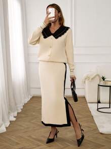 EURMUSE Women Peter Pan Collar Front Button Cardigan & Sweater Skirt Set,Petite,Winter Clothes - Beige - View 1