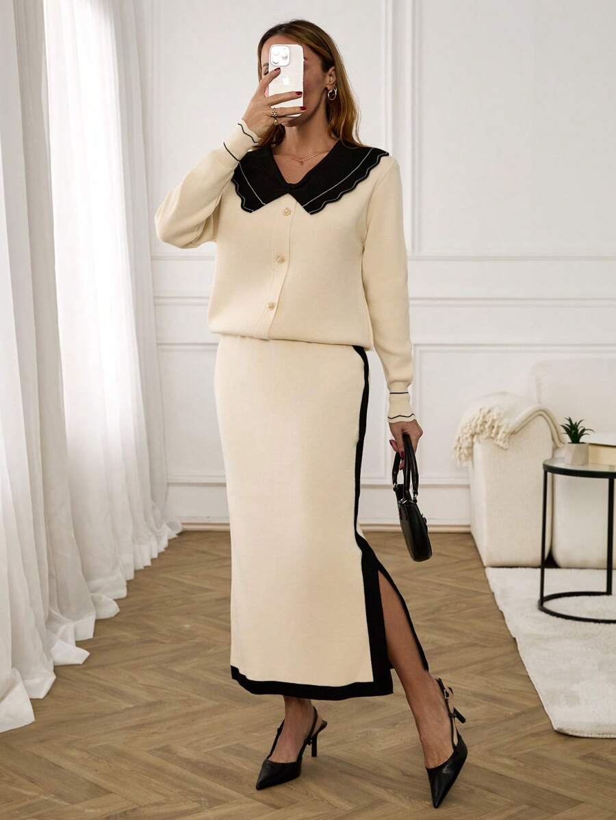 EURMUSE Women Peter Pan Collar Front Button Cardigan & Sweater Skirt Set,Petite,Winter Clothes - Beige - View 1