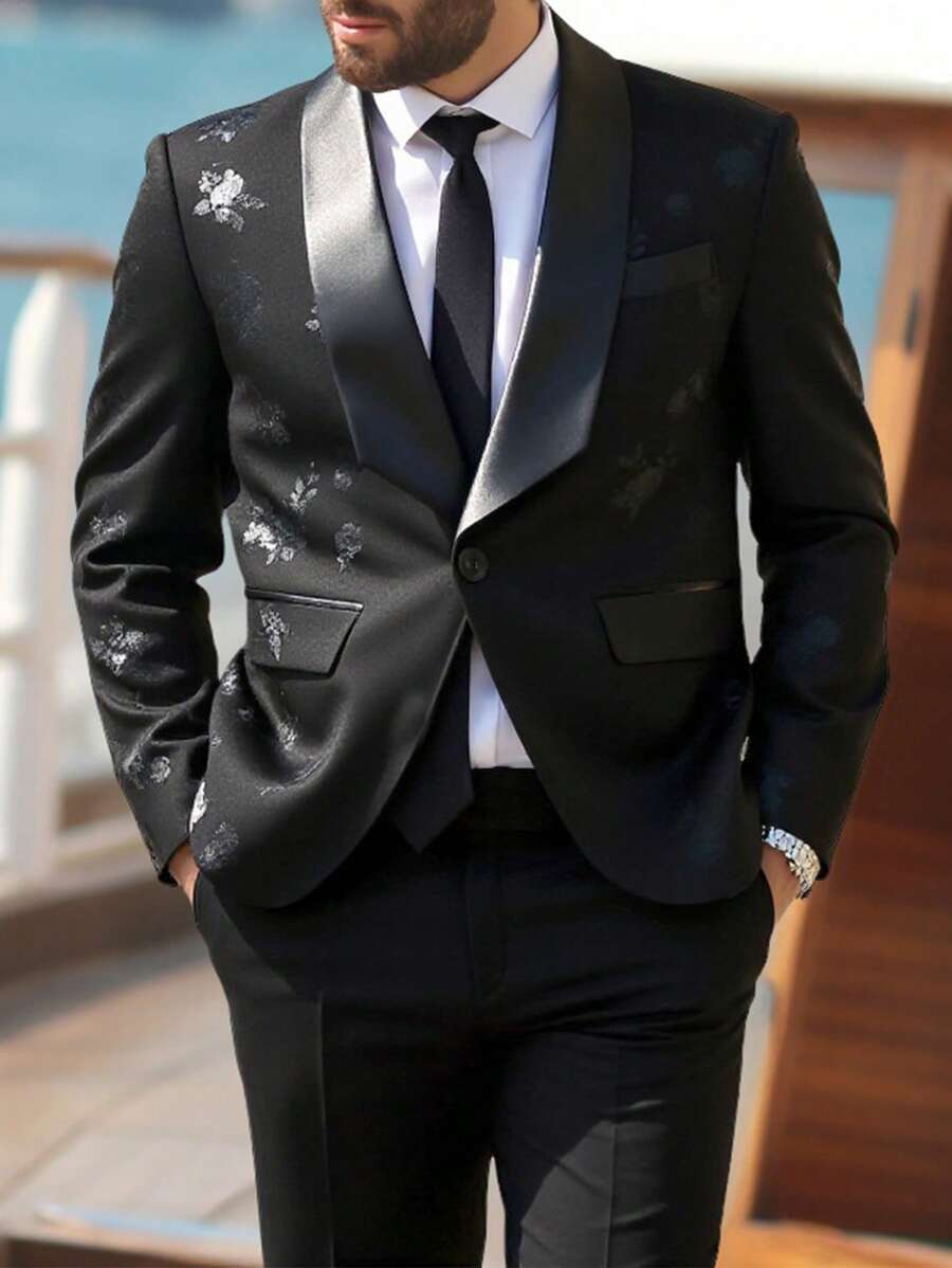 Manfinity AFTRDRK 男士简约前扣长袖上衣和长裤西装套装男士婚礼西装男士婚礼西装男士派对西装男士礼服西装 - 黑色 - 查看 1