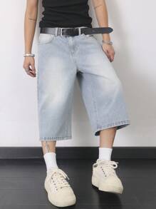 Claim Dot 男士口袋阔腿宽松休闲牛仔短裤 - 淺色水洗藍 - 查看 4