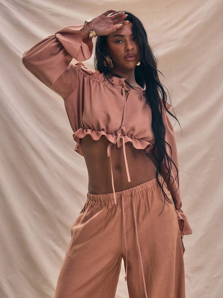 MUSERA Off The Shoulder Long Sleeve Ruched Tie Top Spring Summer