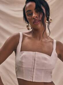 MUSERA 编织亚麻钩眼贴合方领无袖短款吊带背心