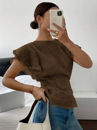 Siren Gaze 女士收腰褶皱上衣，纯色，简约时尚，适合夏季