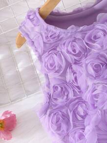 2 件套青少年女孩纯色 3D 花卉无袖圆领上衣和裙子，优雅夏季服装 - 紫色 - 查看 7