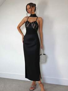 Roylia Sexy & Fashionable V-Neck Lace Patchwork Backless Maxi Dress - Black - View 1