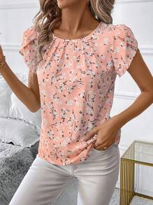 SHEIN Clasi Women's Casual Ditsy Floral Printed Short Sleeve Shirt For Vacation - Pink - View 6