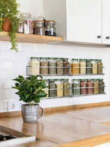 1 件/2 件/4 件黑色/银色金属调料架，无钻孔标记壁挂式或螺丝安装，节省空间的调料罐支架，用于橱柜门/墙壁储存香草和香料，坚固耐用，可容纳 6-8 个调料罐，承重高达 10 公斤，非常适合厨房、浴室、圣诞节、复活节 - 彩色 - 查看 2