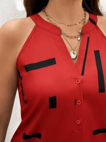 SHEIN LUNE 大码女式无袖 V 领几何线条图案领衬衫 - 紅色 - 查看 6