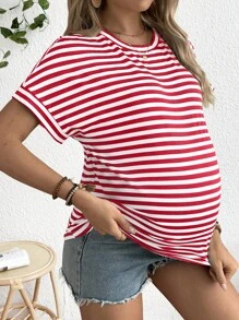 SHEIN Loose Fit White Short Sleeve Striped Maternity T-Shirt - Red and White - View 3
