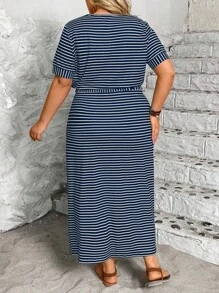 SHEIN LUNE Plus Size Stretchy Striped Waist Cinching Long Dress For Women, Spring/Summer - Navy Blue - View 2