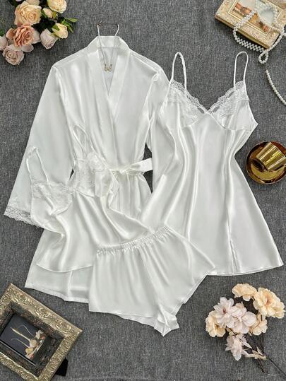 SilkySpell Conjunto de 4 piezas: Vestido de satén con escote en V bordado + Camiseta y pantalones cortos + Bata de baño Lencería nupcial, ropa de otoño