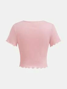 SHEIN Girlism 2pcs Tween Girls Casual Solid Color Knit Crew Neck Contrast Bow Decor Short Sleeve Cute Top Set