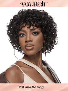 Short Human Hair Wigs With Bangs Put-On & Go Curly Wave Machine Made Wig Natural Black Color For Women - Natural Black - View 1