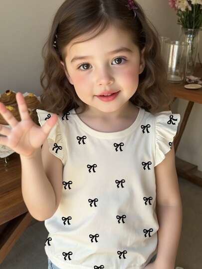 SHEIN Happikins Cute Polka Dot And Bow Print, Young Girl Casual Fashionable Adorable Cap Sleeve Round Neck Top, Suitable For Spring/Summer