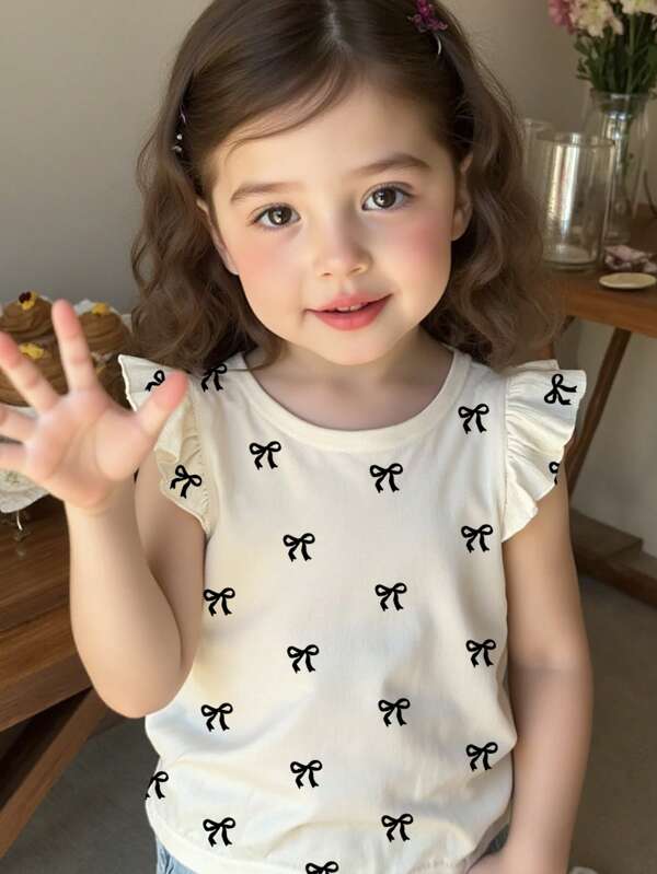 SHEIN 可爱波尔卡圆点和蝴蝶结印花，年轻女孩休闲时尚可爱盖袖圆领上衣，适合春夏季