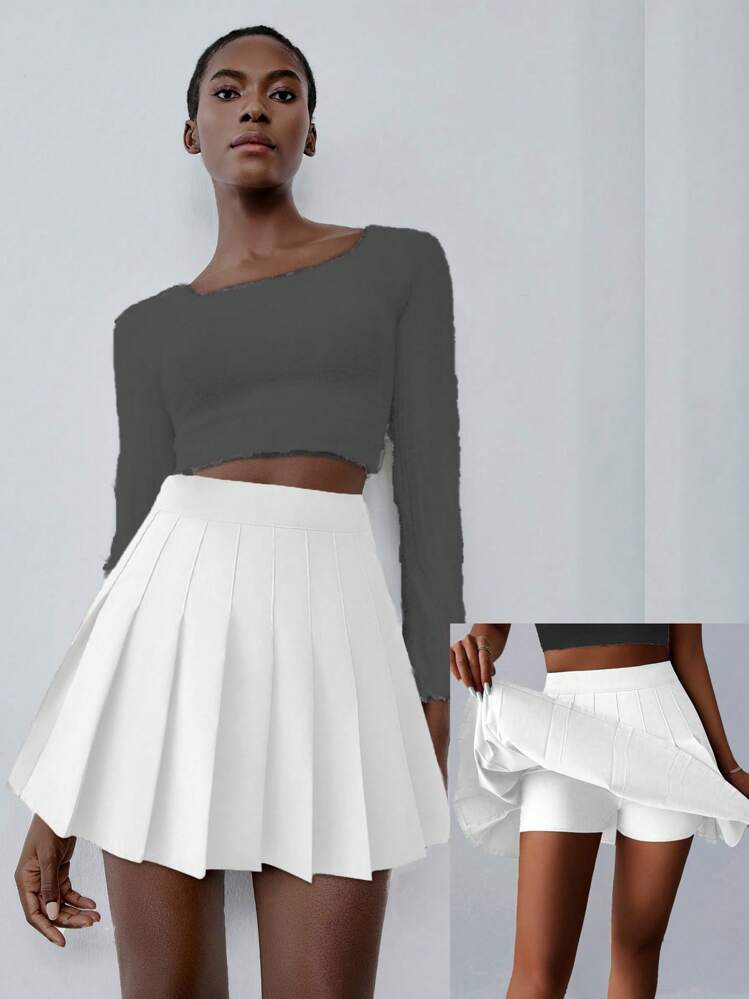 Lumivelle Femmes Mini-jupe/short plissé de style élégant décontracté, polyvalent, de couleur unie, style Y2K académique, printemps/été