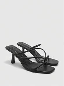 CUCCOO BIZCHIC Sandalias de tacón de aguja de 7cm con puntera cuadrada y multi-correas en color negro, adecuadas para uso en la playa en verano