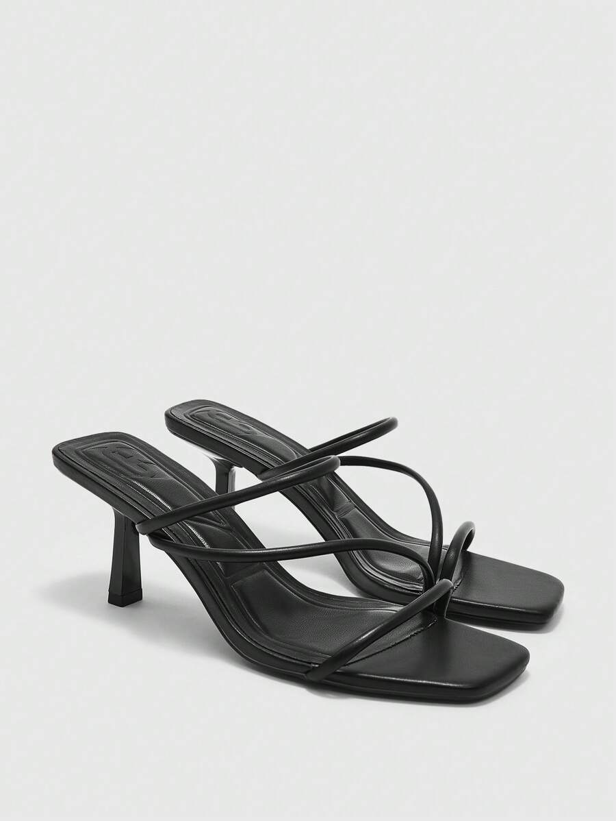 CUCCOO BIZCHIC Sandalias de tacón de aguja de 7cm con puntera cuadrada y multi-correas en color negro, adecuadas para uso en la playa en verano
