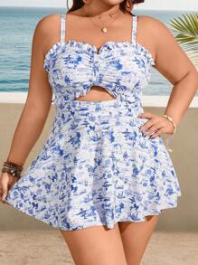 Swim Lushoire Đầm bơi in hoa Ditsy cỡ lớn dành cho nữ, có viền xếp nếp và quần bơi, bộ đầm bơi xẻ tà tôn dáng, đơn giản để mặc đi nghỉ và mặc hàng ngày, đi biển mùa hè - Nhiều màu - Xem 4